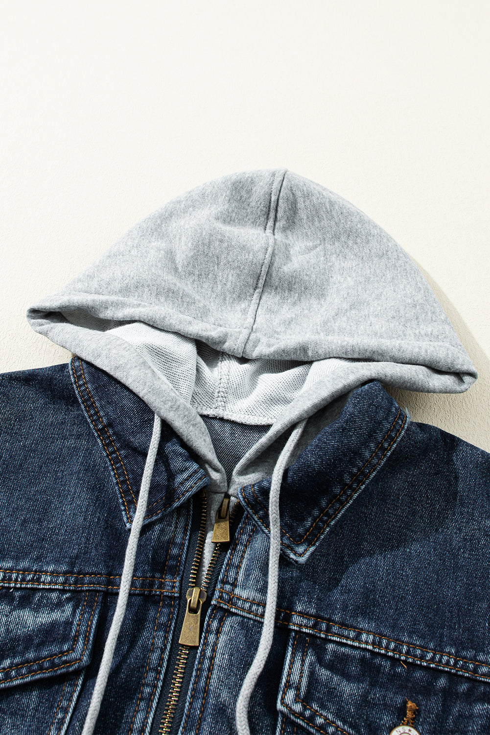 Dark Blue Faux Layered Hooded Zip-Up Denim Jacket