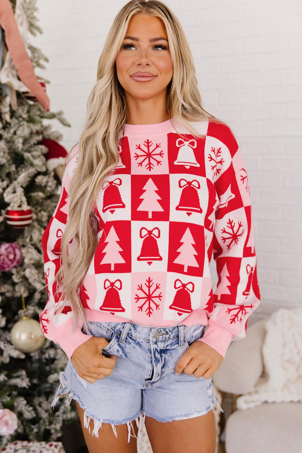 Pink Christmas Plaid Pullover Round Neck Long Sleeve Fit Tunic Knitwear Sweater
