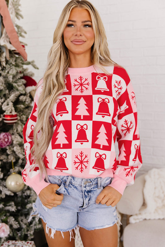 Pink Christmas Plaid Pullover Round Neck Long Sleeve Fit Tunic Knitwear Sweater