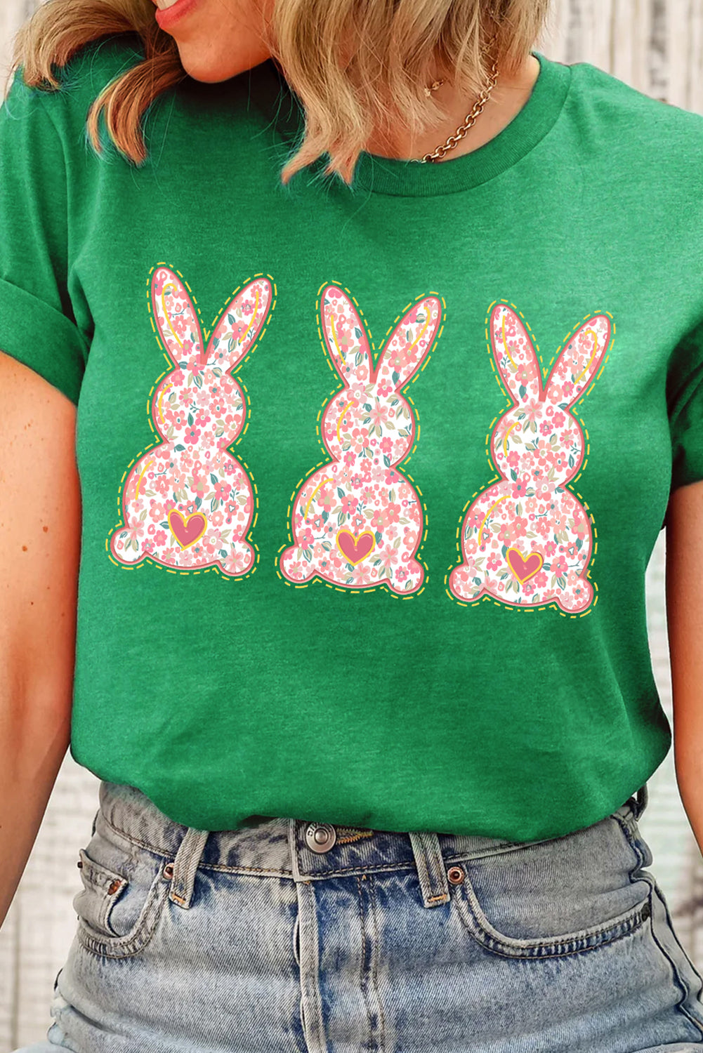 Bright Green Easter Floral Rabbit Print Crew Neck T-Shirt