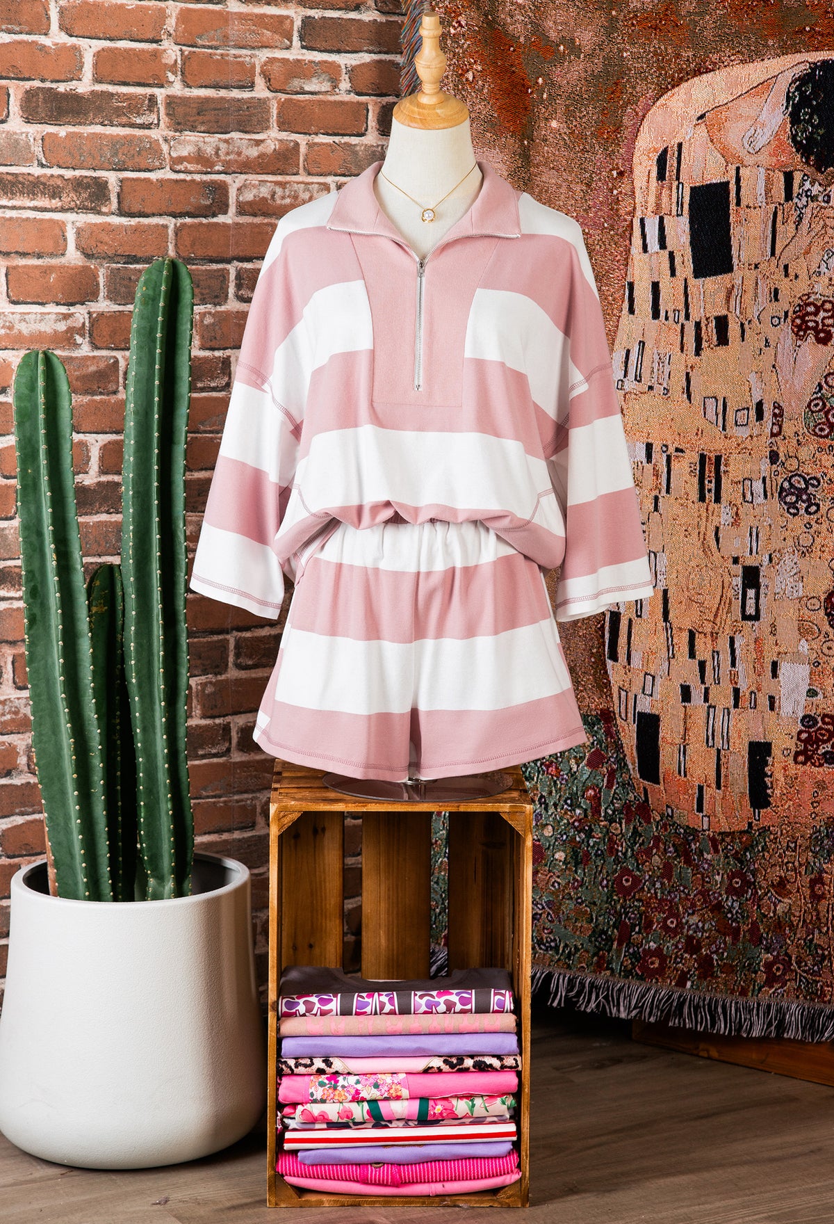Women's Pink Stripe Half Zip Bracelet Sleeve Top Casual Shorts Set