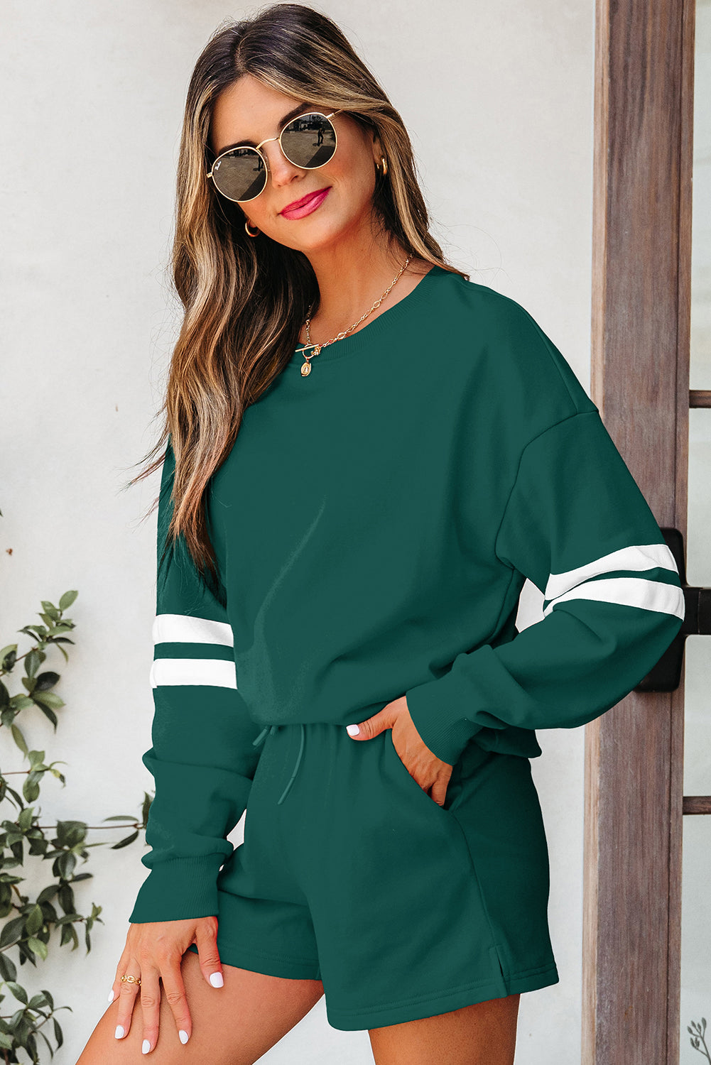 Black Varsity Striped Sleeve Drop Shoulder Sweatshirt and Short Set