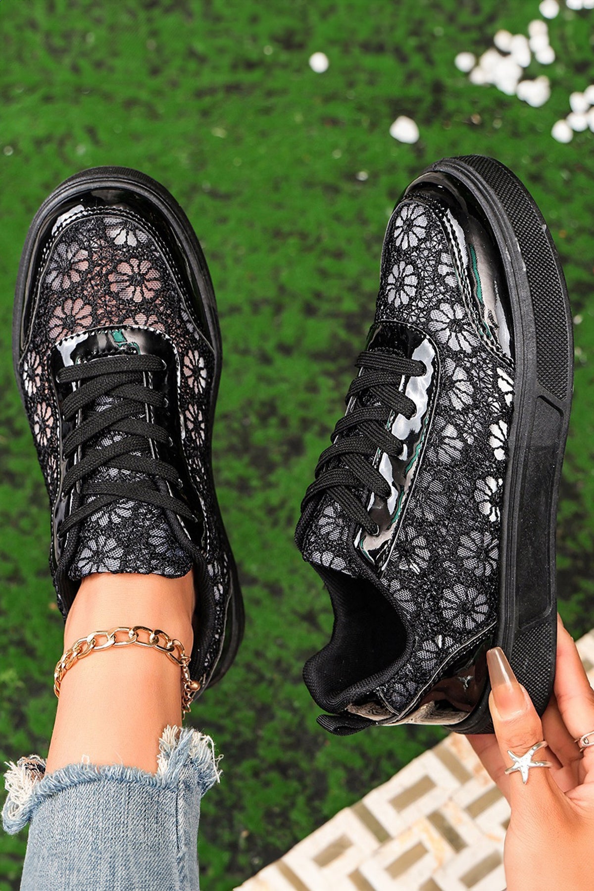 black Sheer Floral Lace Slip-On Casual Sneakers