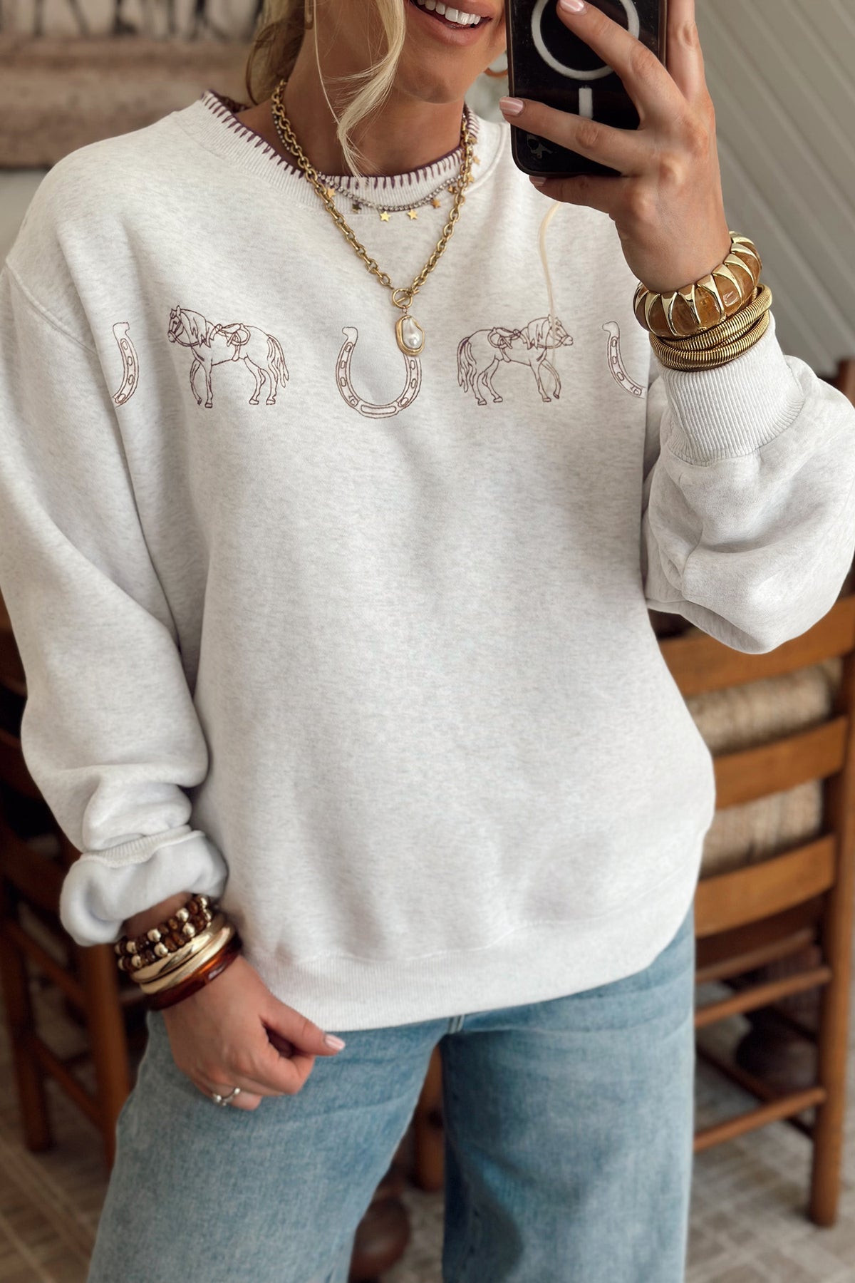 Light Grey Western Print Embroidered Sweatshirt