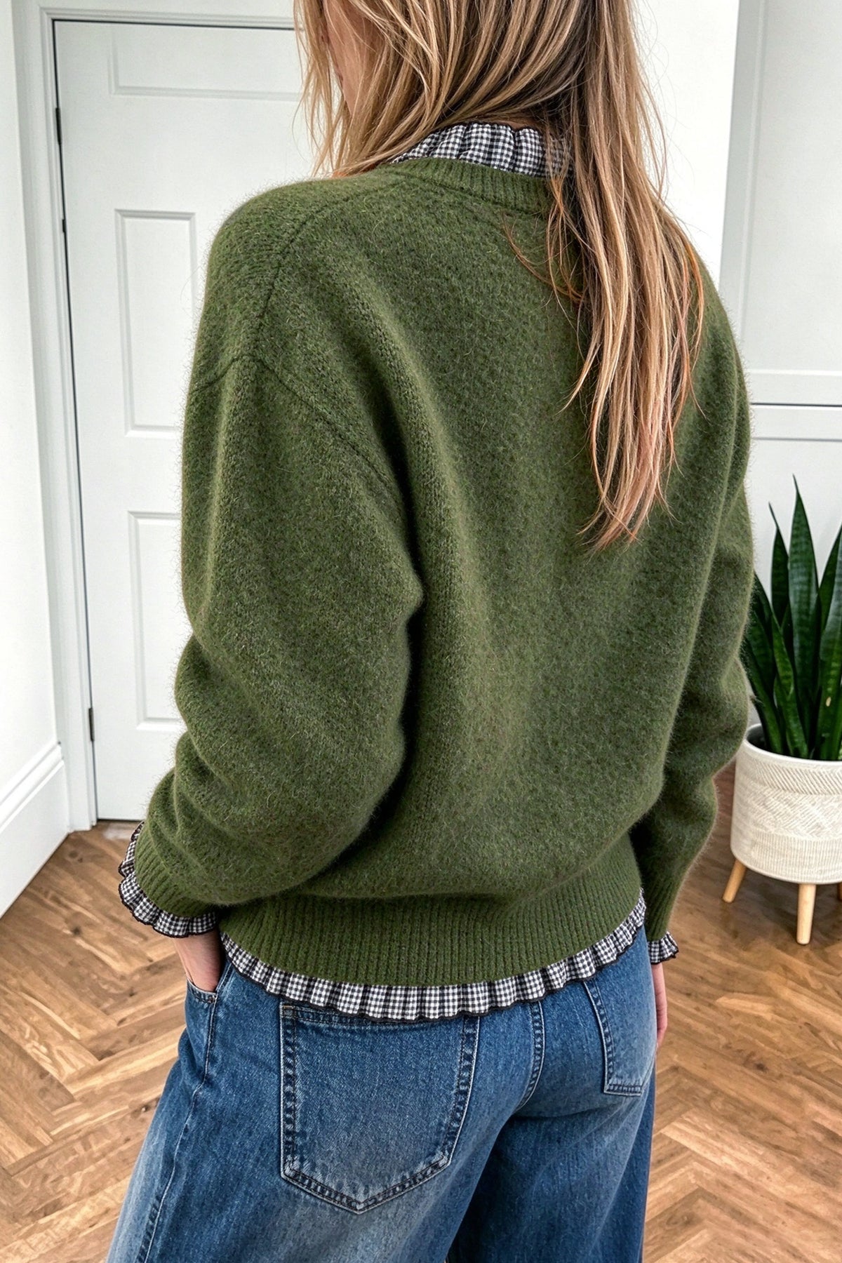 Vineyard Green Plaid Ruffle Trim Pullover Sweater