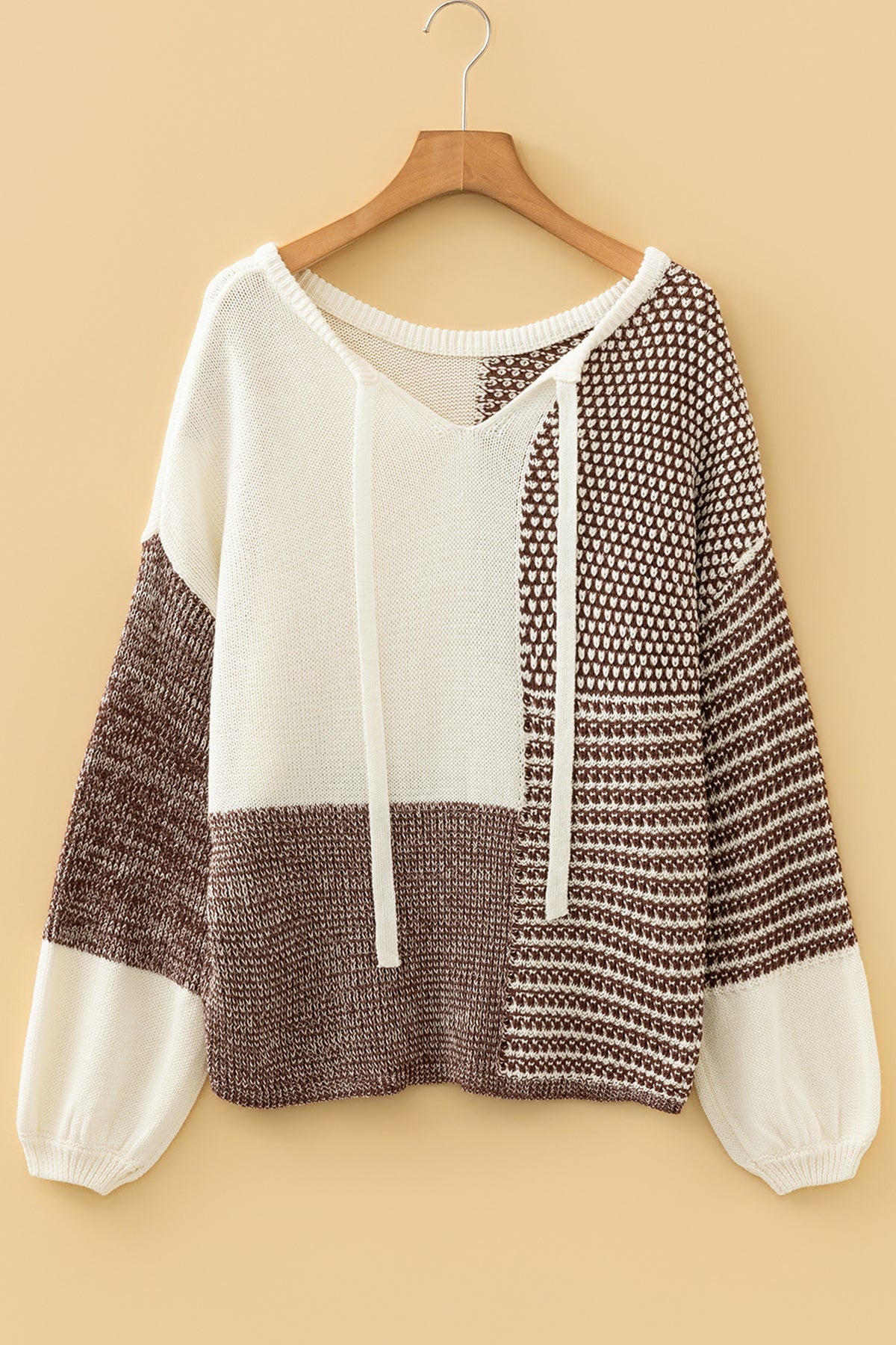 Dark Khaki Color Block Back Tie Drop Shoulder Loose Sweater