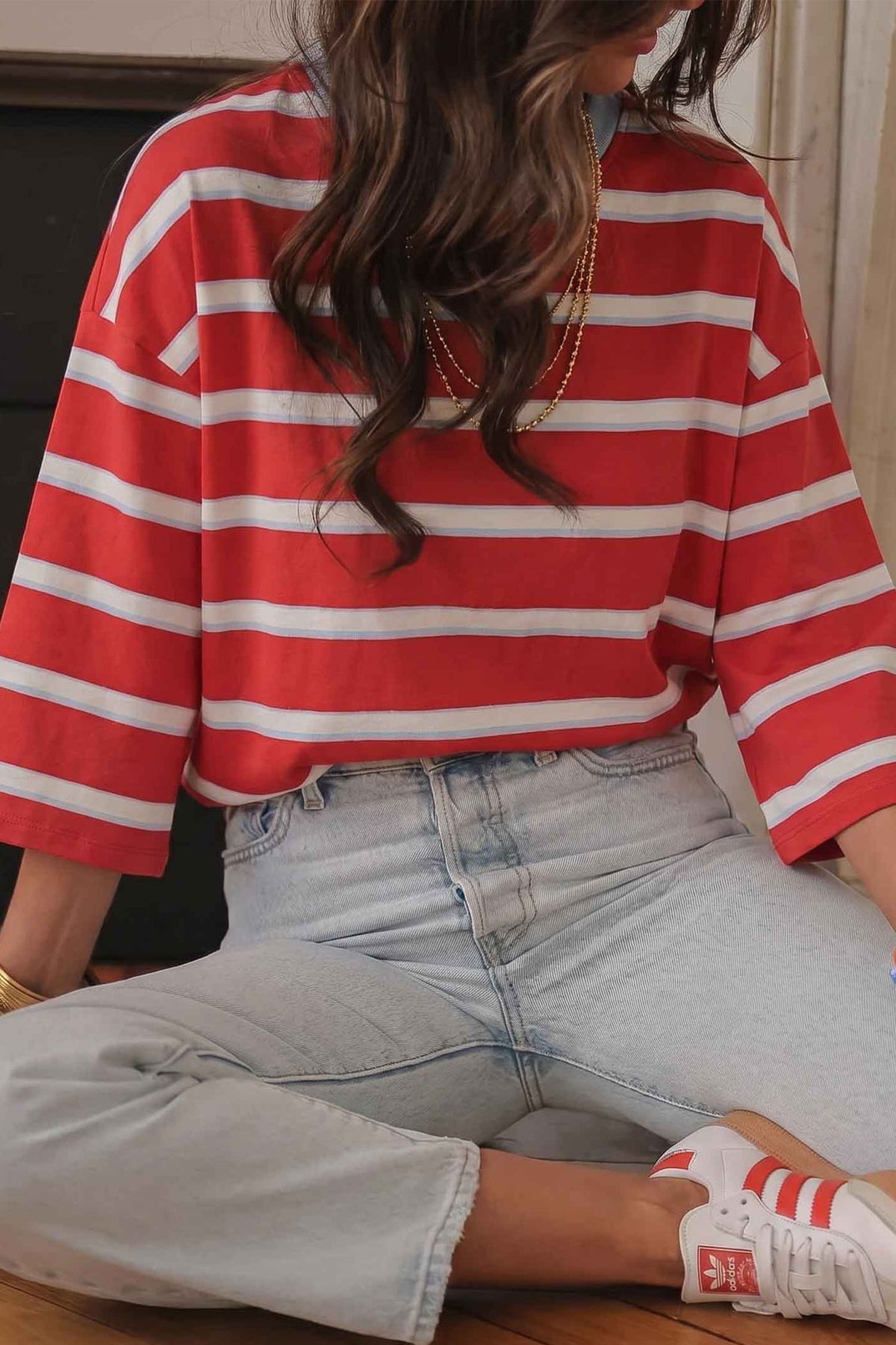 Racing Red Striped Bow Tie Hollowed Back 7/8 Sleeve T-Shirt