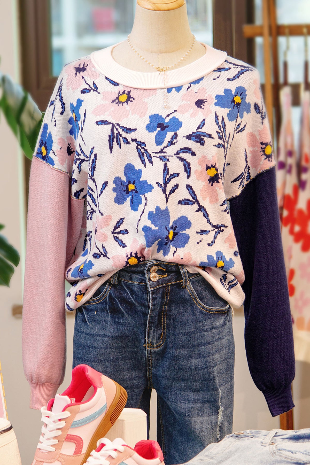 Khaki Floral Panel Colorblock Sleeve Patchwork Sweater