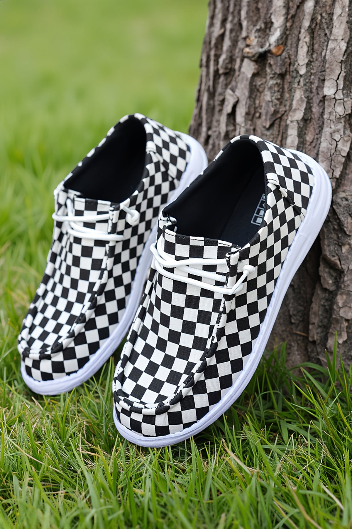 Black Checkered Faux Suede Lace-Up Slip-On Sneakers