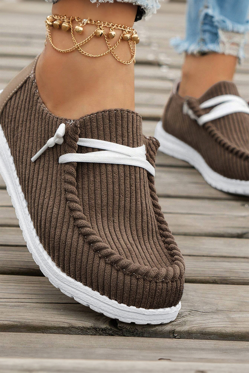 Coffee Solid Ribbed Criss Cross Slip-On Casual Shoes