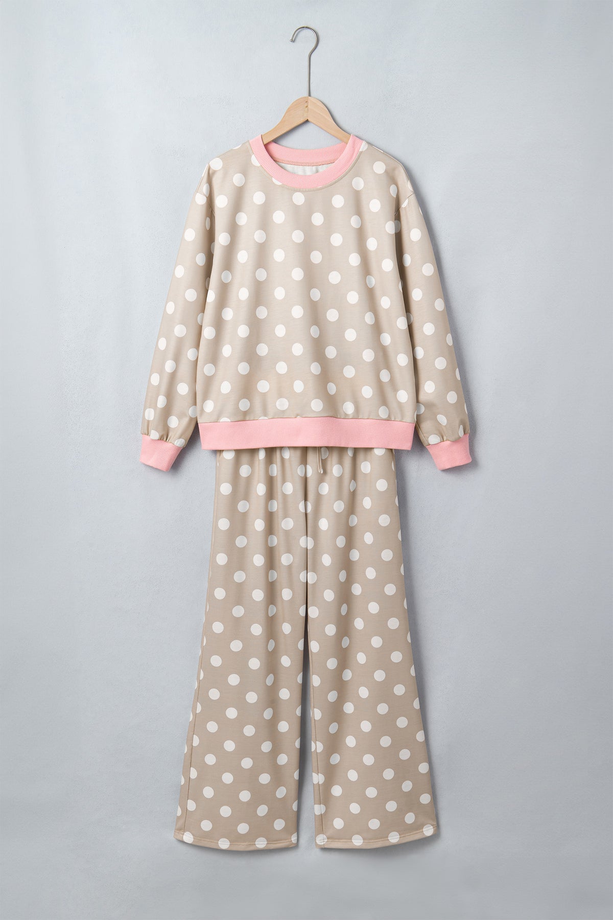 Women's Sky Blue Polka Dot Contrast Trim Long-Sleeve Top Drawstring Shift Pants Set