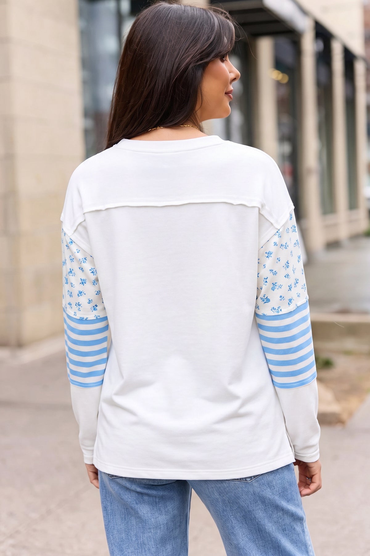 Beige Floral Striped Contrasted Pullover Top