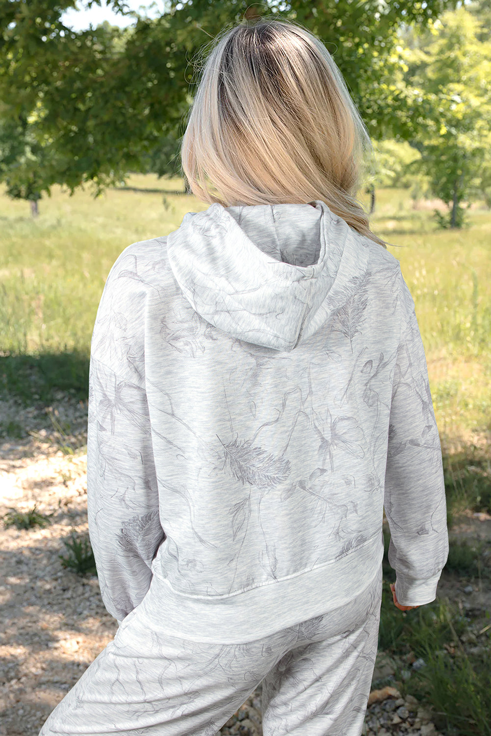 Women's Light Grey Abstract Print Drop Sleeve Hoodie Elastic Waistband Two-Piece Pants Two-Piec