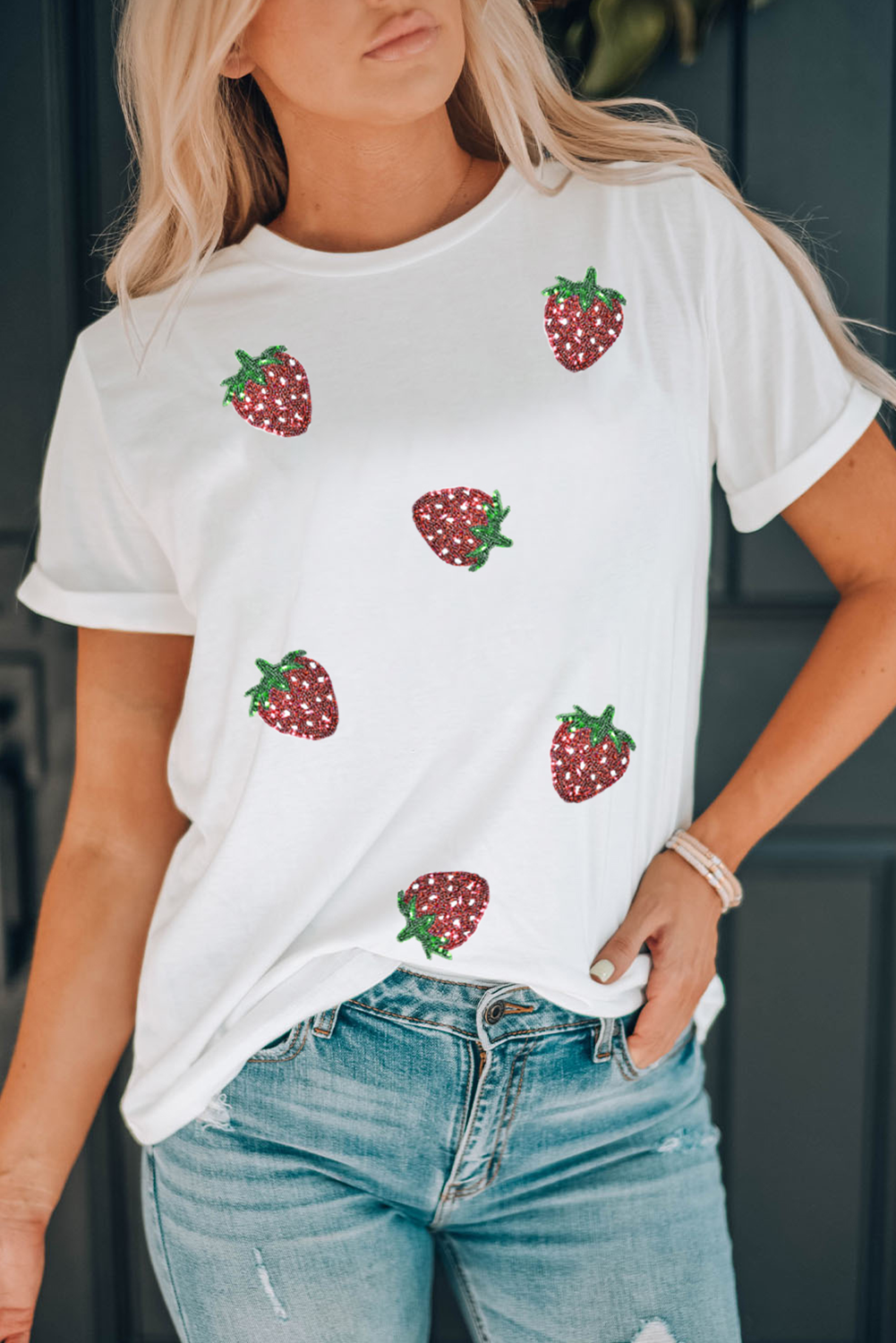 White Sequin Strawberry Patched Crew Neck T-Shirt
