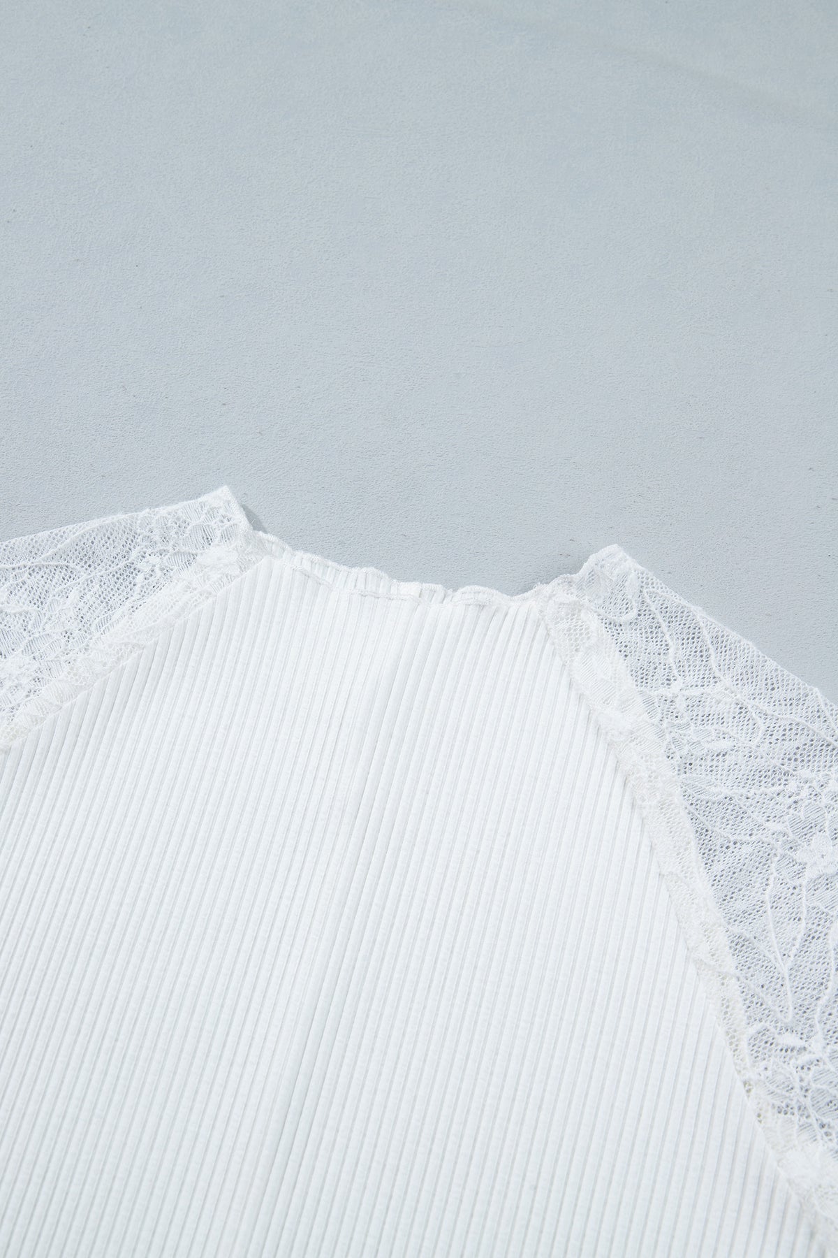Beige Sheer Lace Sleeve Ribbed Slim Top