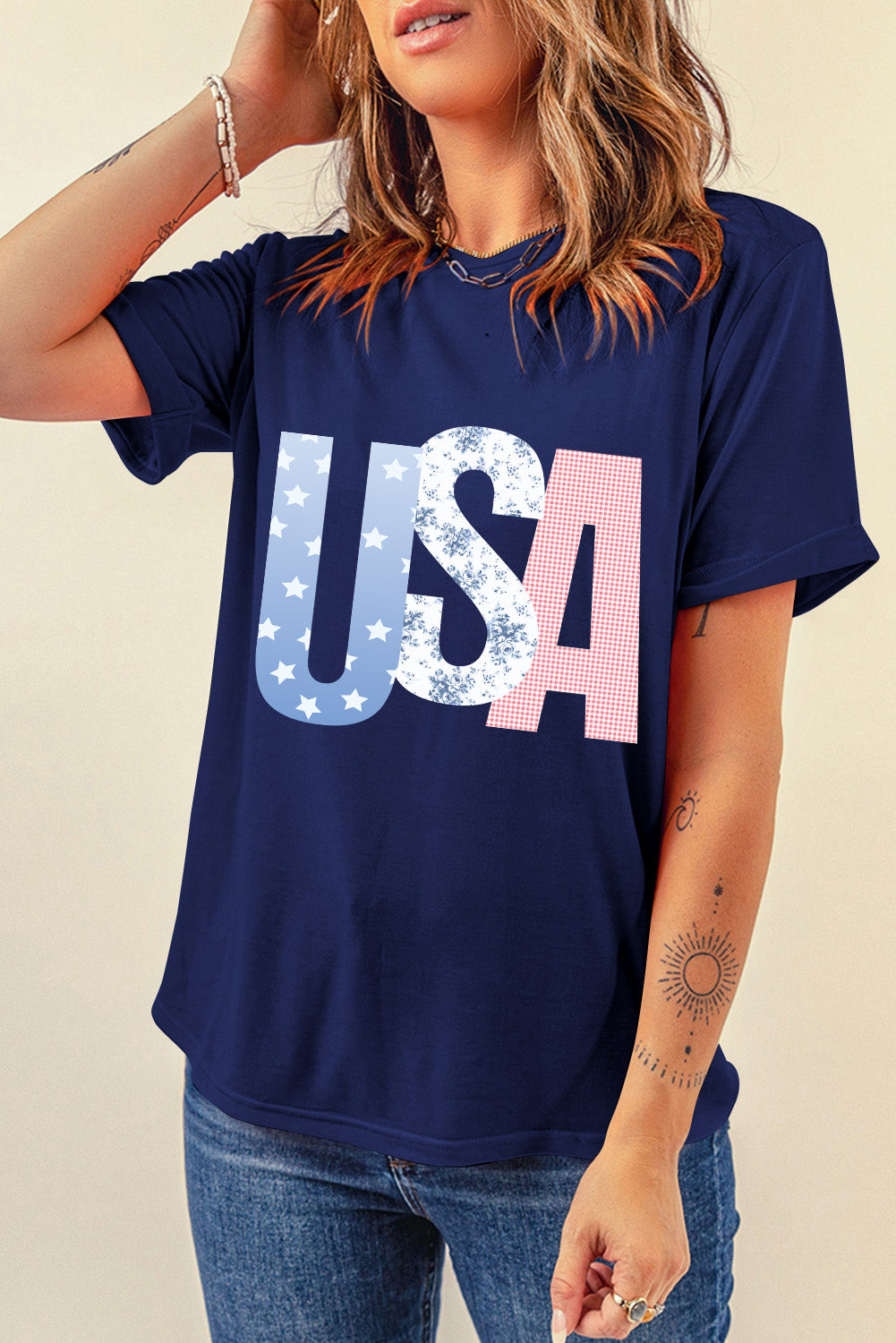 Blue USA Graphic July 4th Crew Neck T-Shirt