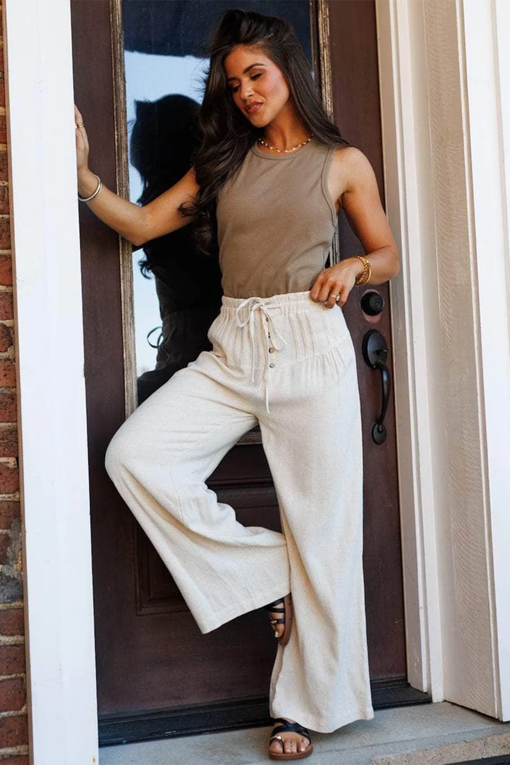 Jet Stream Drawstring Elastic Waist Button Pleated Wide Leg Pants
