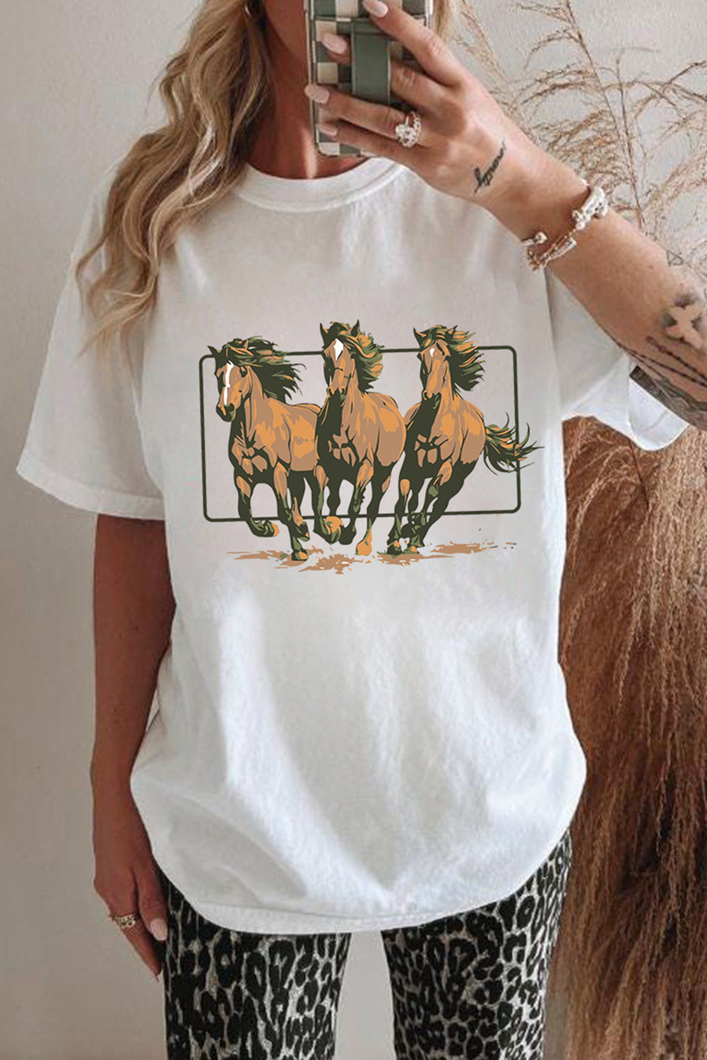 White Texas Horse Graphic Cuffed Sleeve Graphic T-Shirt