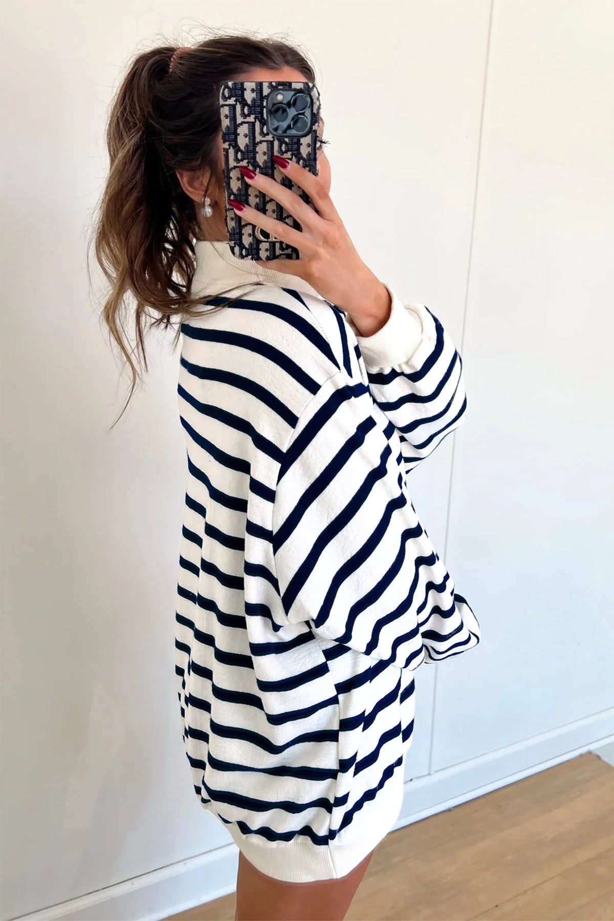 Blue Stripe Striped Stand Neck Ribbed Cuff Hem Sweatshirt