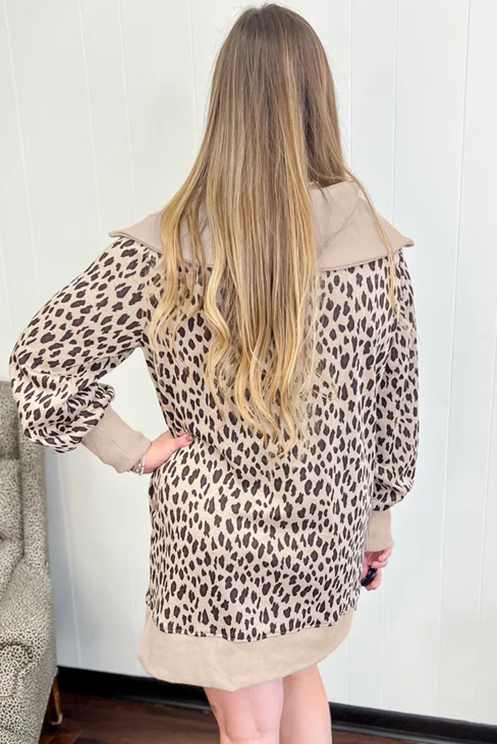 Khaki Leopard Print Zip up Collar Patchwork Shift Mini Dress