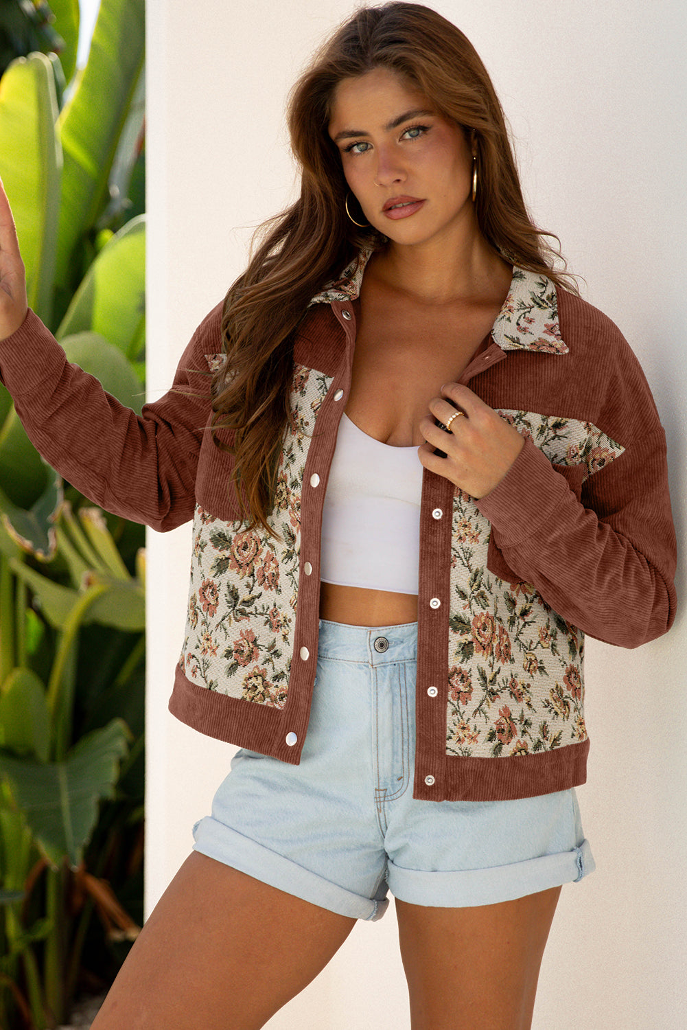 Sage Green Ribbed Retro Floral Patchwork Shirt Style Jacket