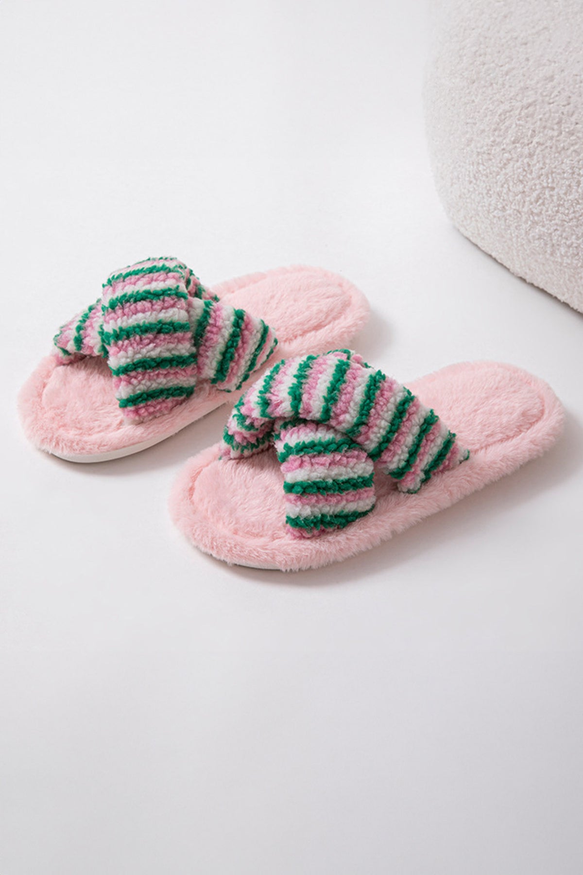 Pink Striped Cross Band Soft Plush Open-Toe Slippers