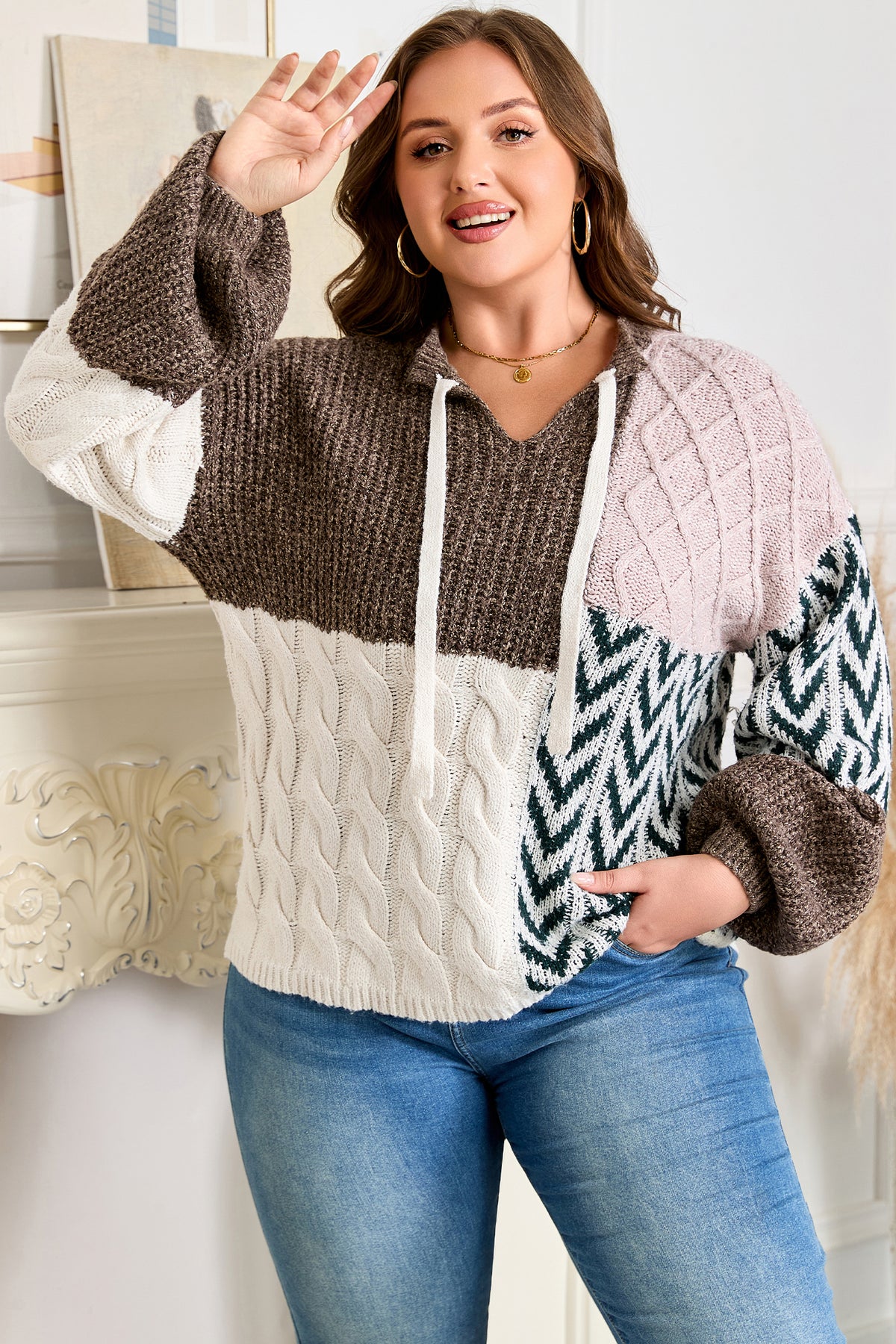 Brown Plus Size Color-Block Patchwork Knotted Back Loose Fit Sweater