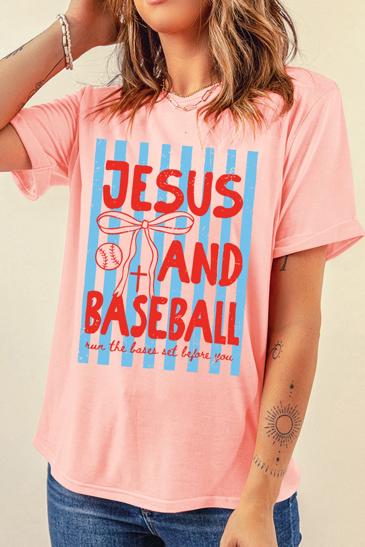 Pink JESUS AND BASEBALL Coquette Striped Print T-Shirt
