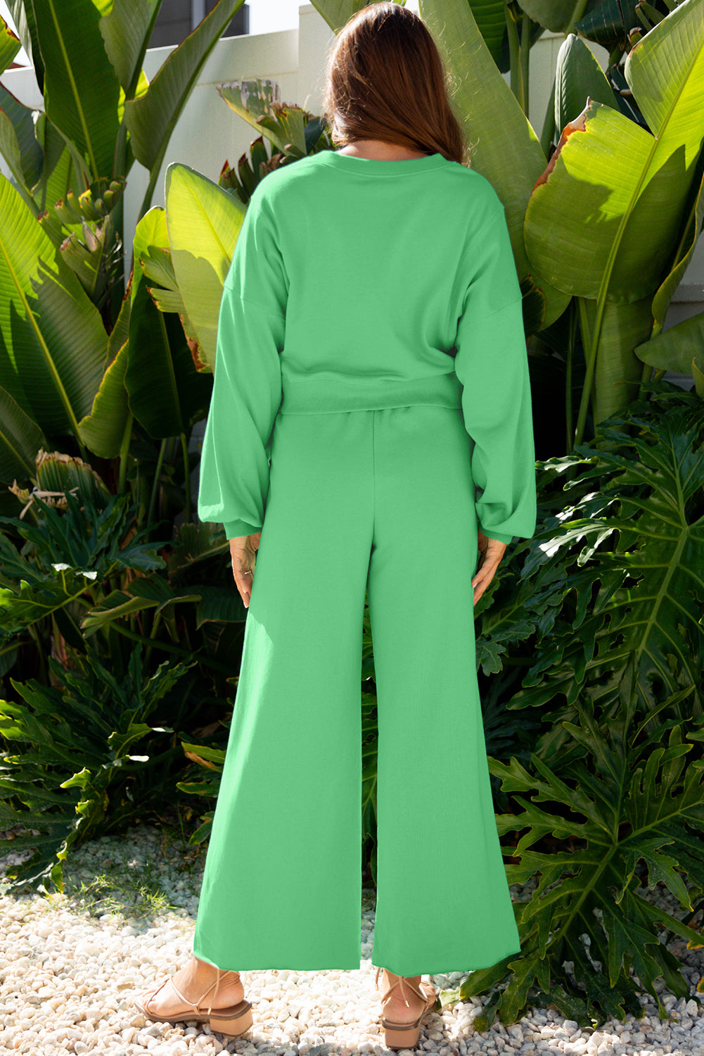 Women's Mist Blue Drop Shoulder Puff Sleeve Crop Pullover Wide Leg Pants Set