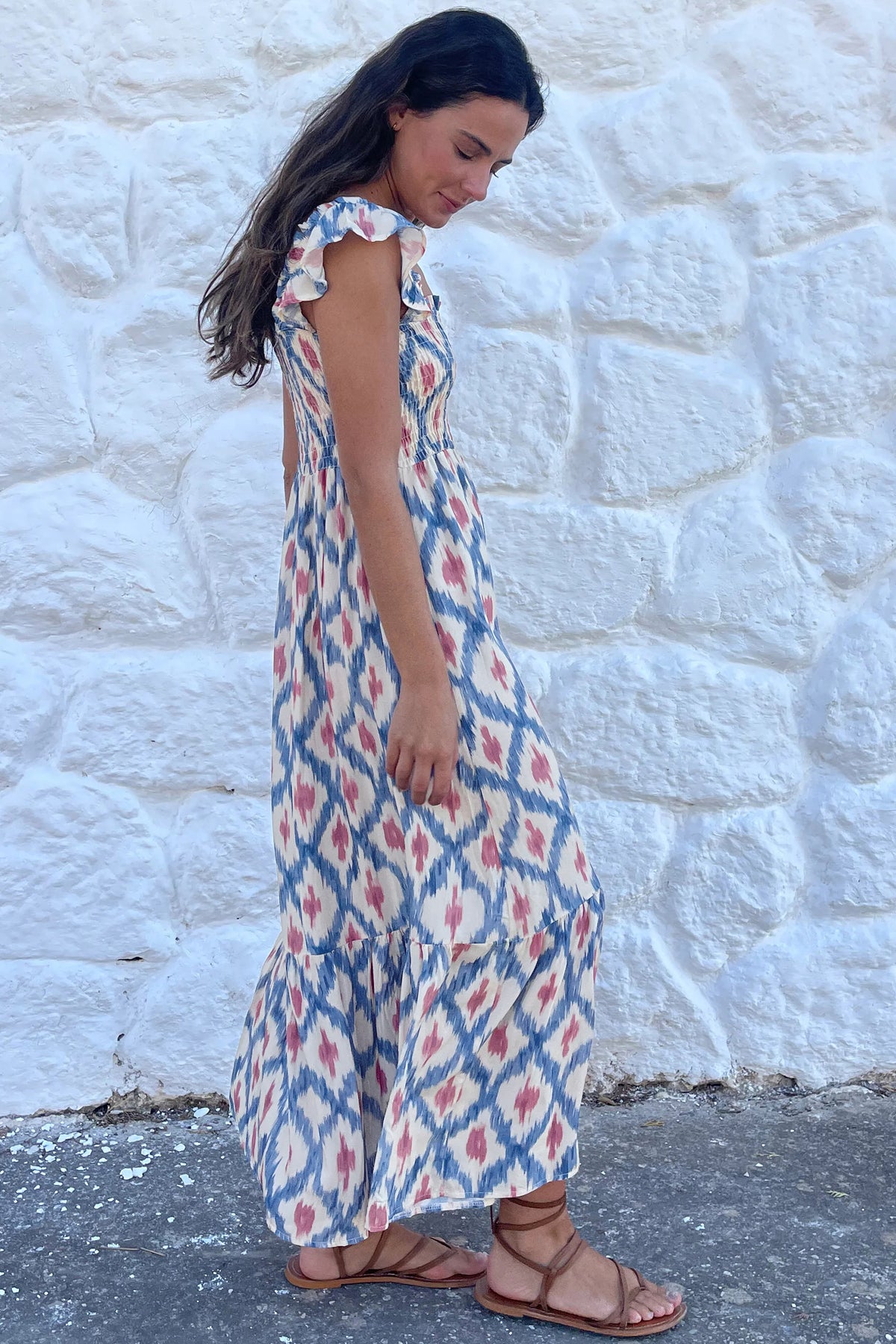 Blue Ruffle Square-Neck Maxi Dress