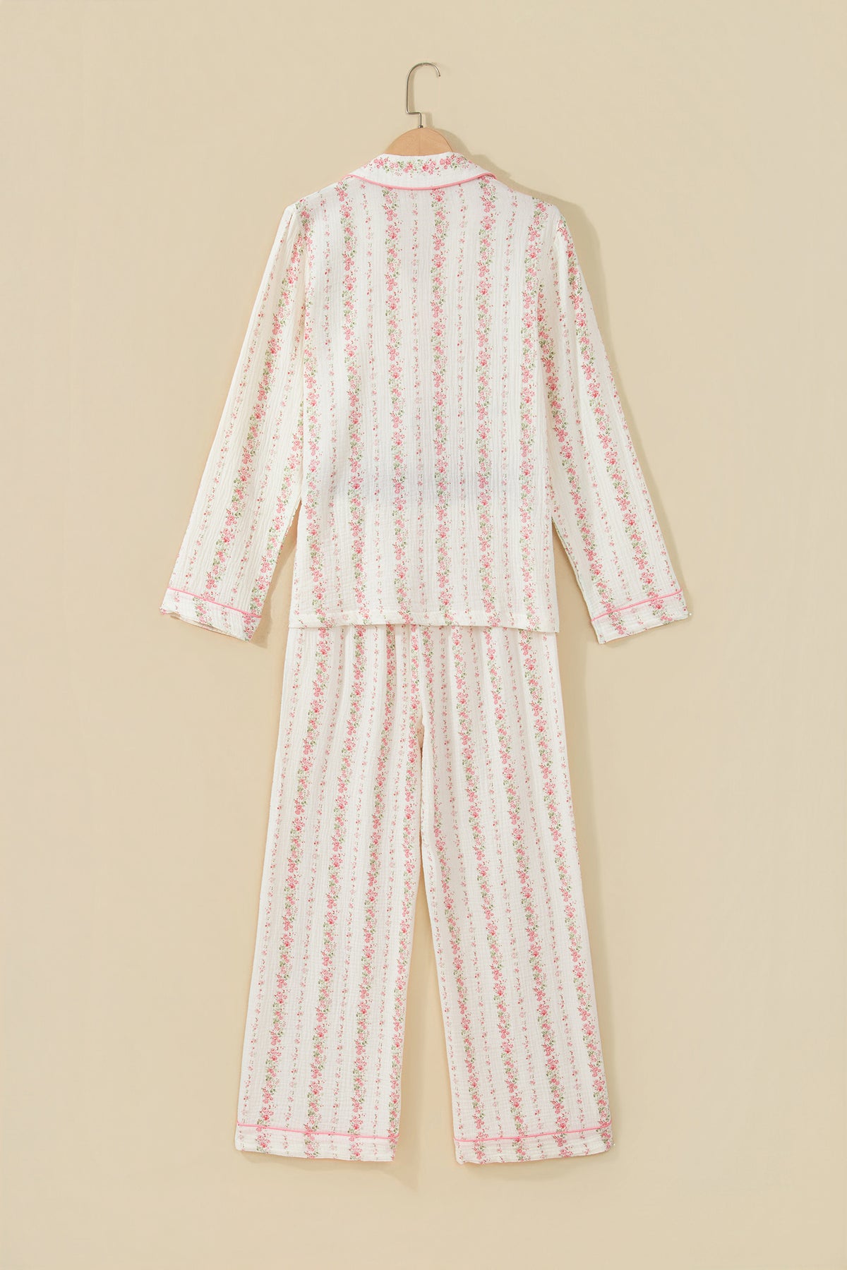 Pink Floral Print Long Sleeve Button Front Shirt Pajama Pants Set