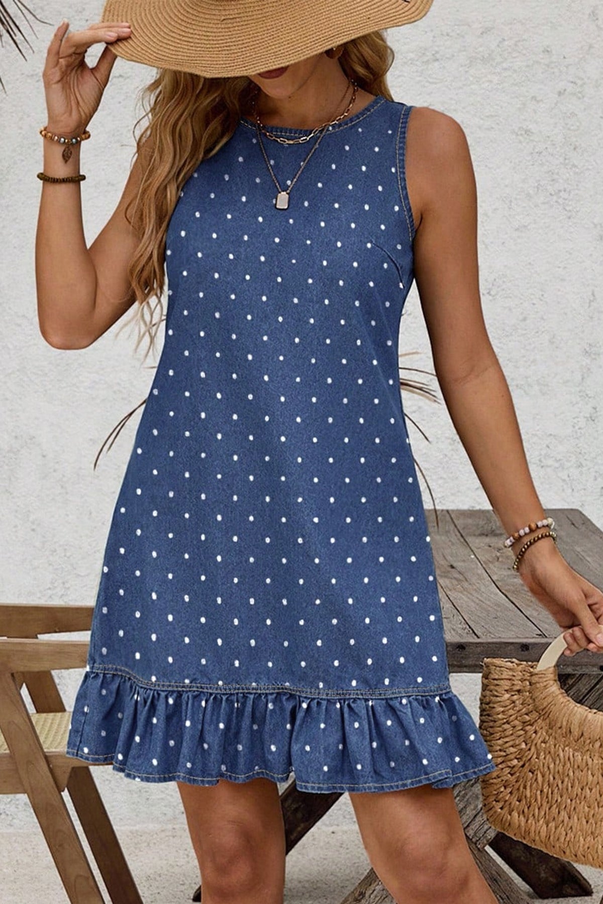 Blue Polka Dot Ruffle Denim Mini Dress