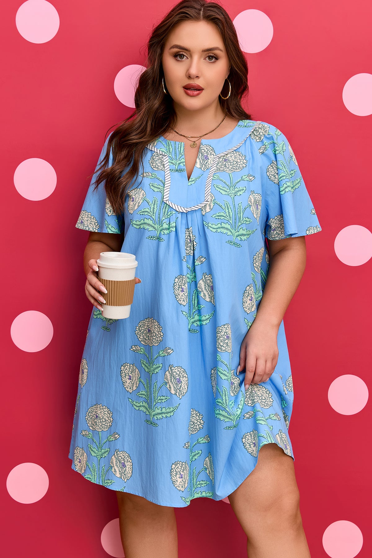 Sky Blue Plus Periwinkle Floral Printed Short-Sleeve Striped Trim Split Neck Mini Dress