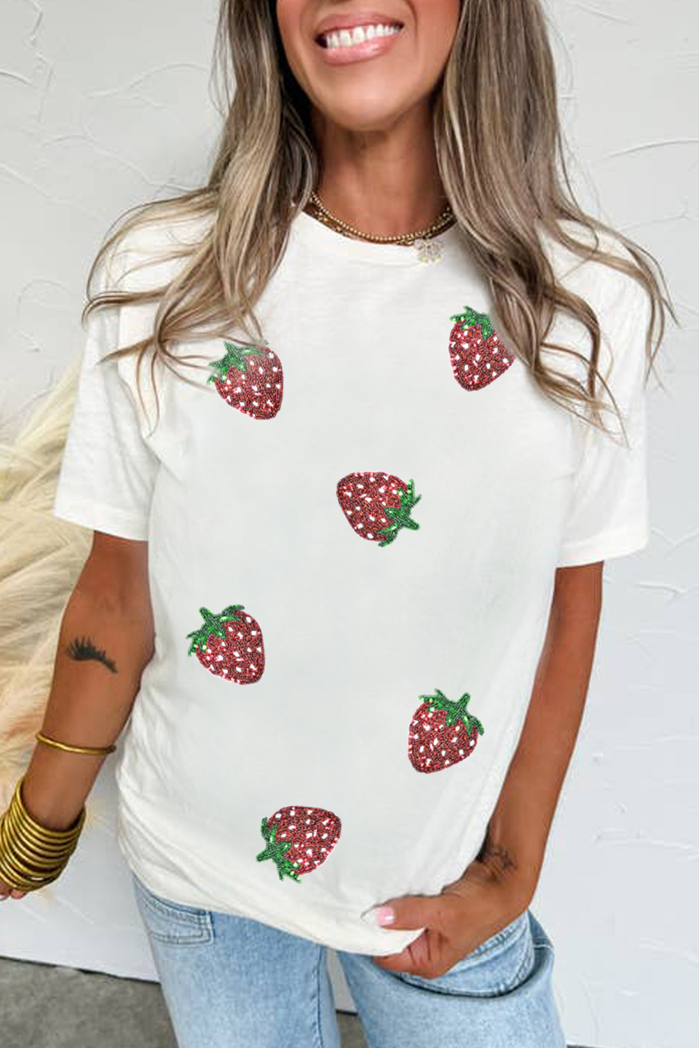 White Sequin Strawberry Patched Crew Neck T-Shirt