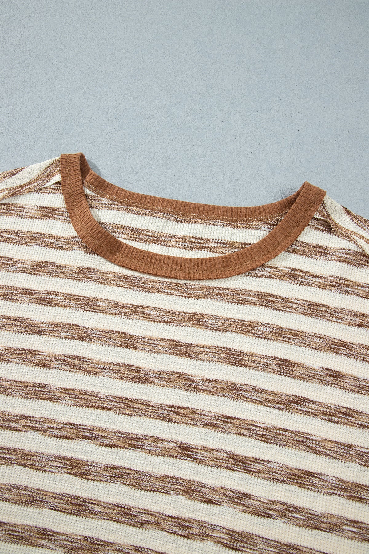 Brown Stripe Textured Knit Color Block Trim Round Neck Top