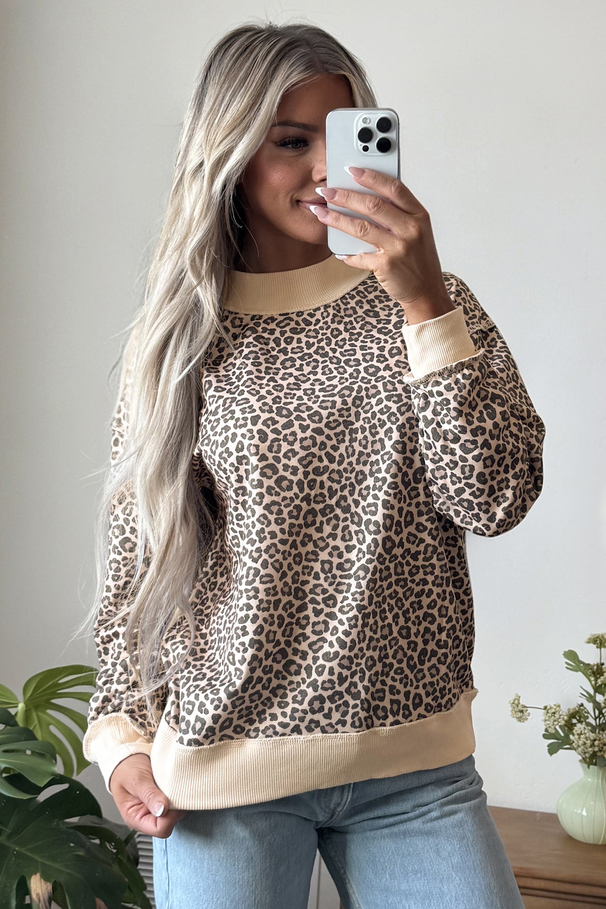 Multicolour Leopard Print High Neck Ribbed Sweatshirt
