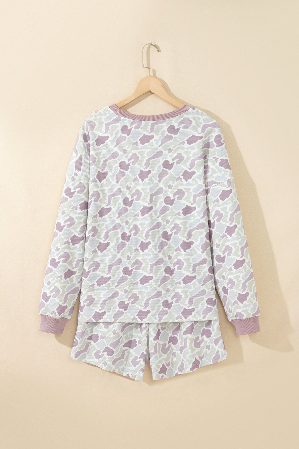 Women's Green Camouflage Waffle Knit Long-Sleeve Top Casual Shorts Set