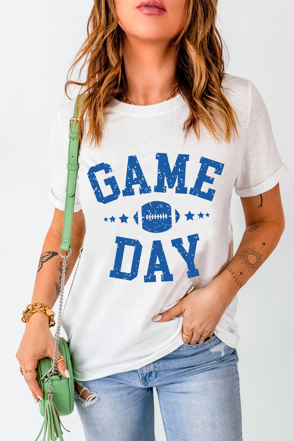 White GAME DAY Rugby Football Graphic Crewneck T-Shirt
