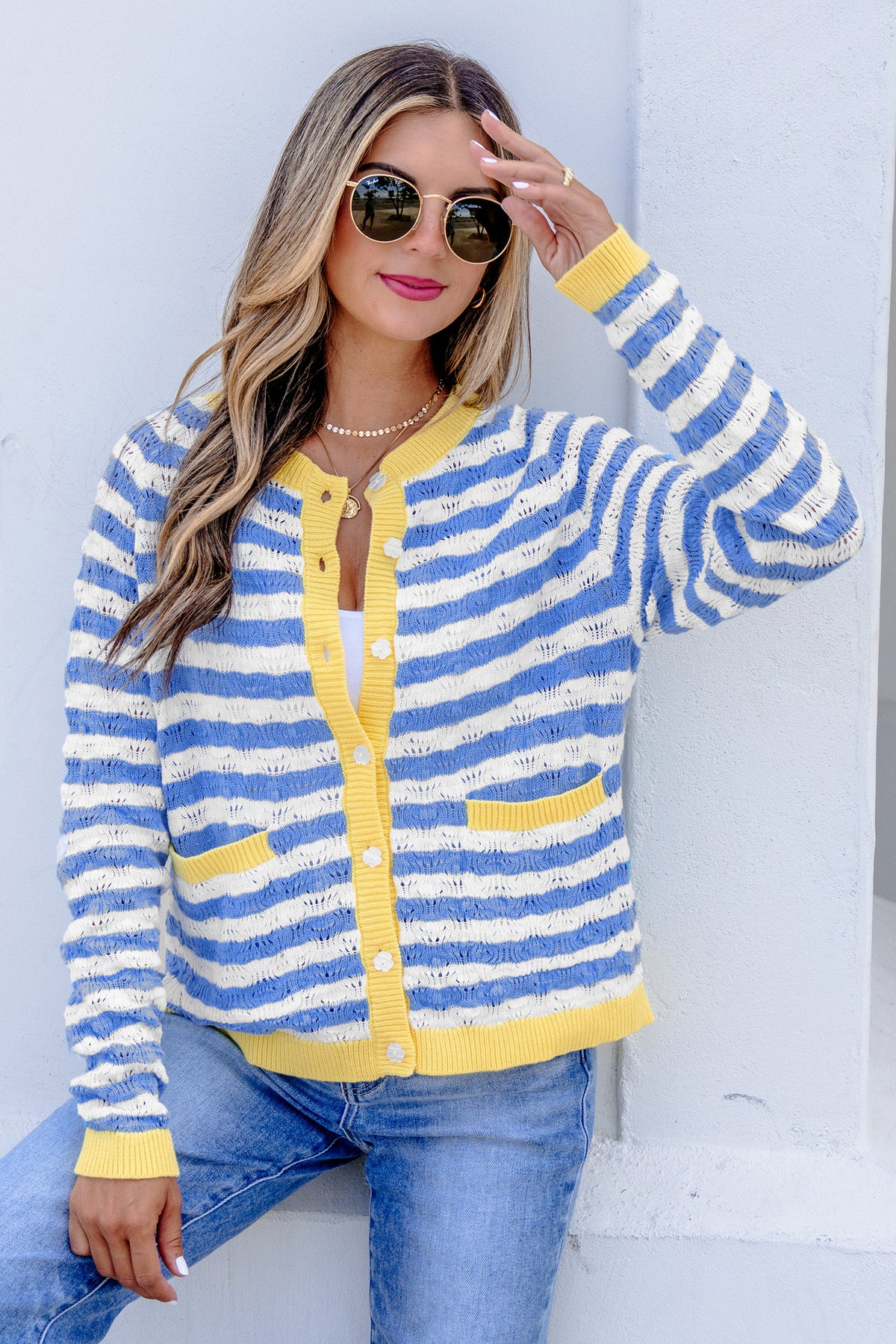 Sky Blue Stripe Striped Colorblock Button Front Long Sleeve Fit Knit Cardigan