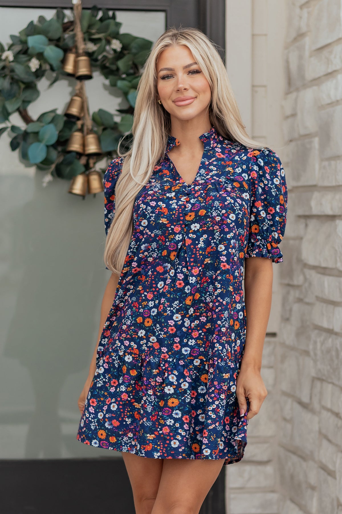 Blue Wild Daisy Floral Split Neck Short Puff Sleeve Mini Dress