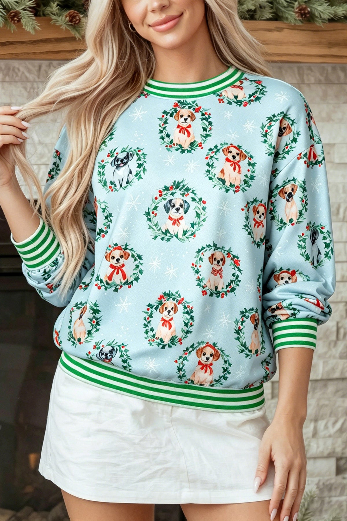 Sky Blue Abstract Dog Print Ribbed Cuff Round Neck Sweatshirt
