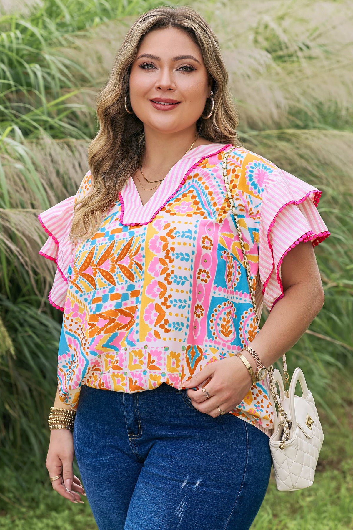 Rose Plus Size Geometric Print Contrast Trim Striped V-Neck Blouse
