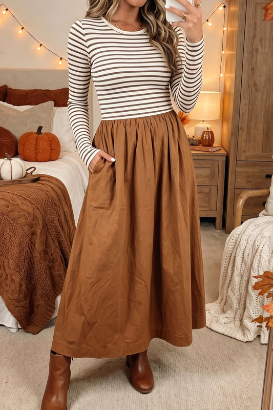 Brown Stripe Ribbed Knit Long Sleeve Bodice Patchwork Flared Dress
