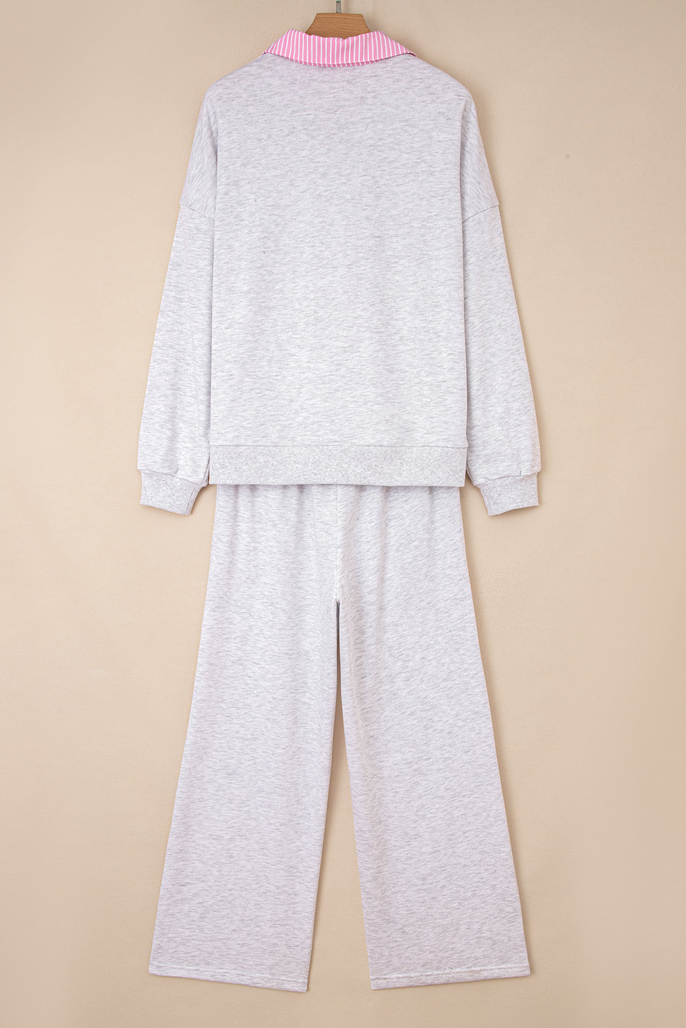 Women's Light Grey Two-Piece Contrasted Trim Frilled Collar Drop Shoulder Pullover Pants Two-Pi
