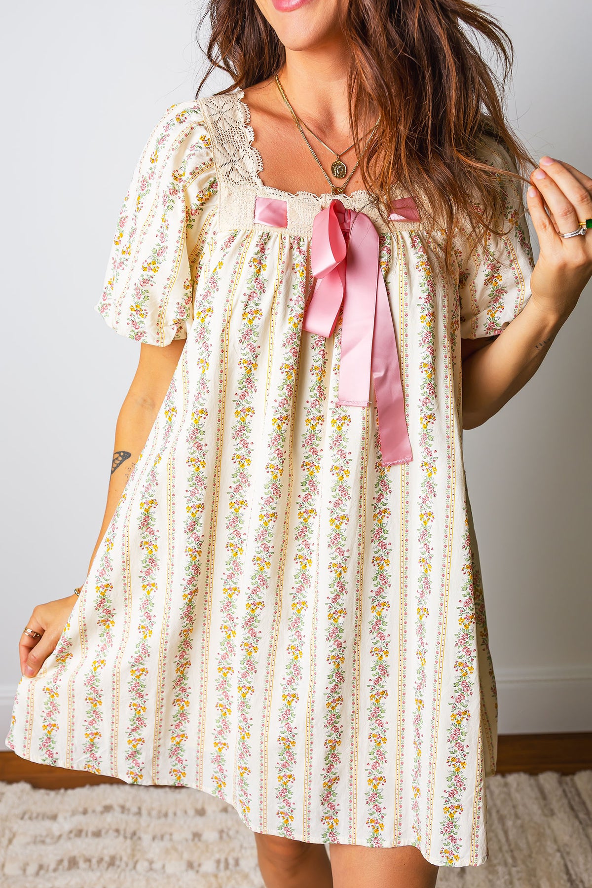 Multicolour Floral Bow Lace Mini Dress