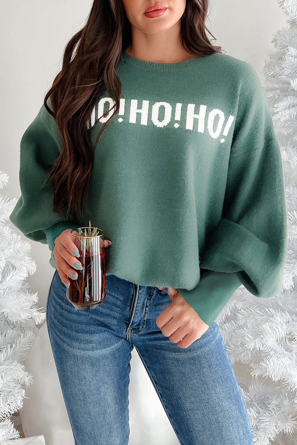 Blackish Green HO HO HO MERRY CHRISTMAS Drop Shoulder Loose Sweater