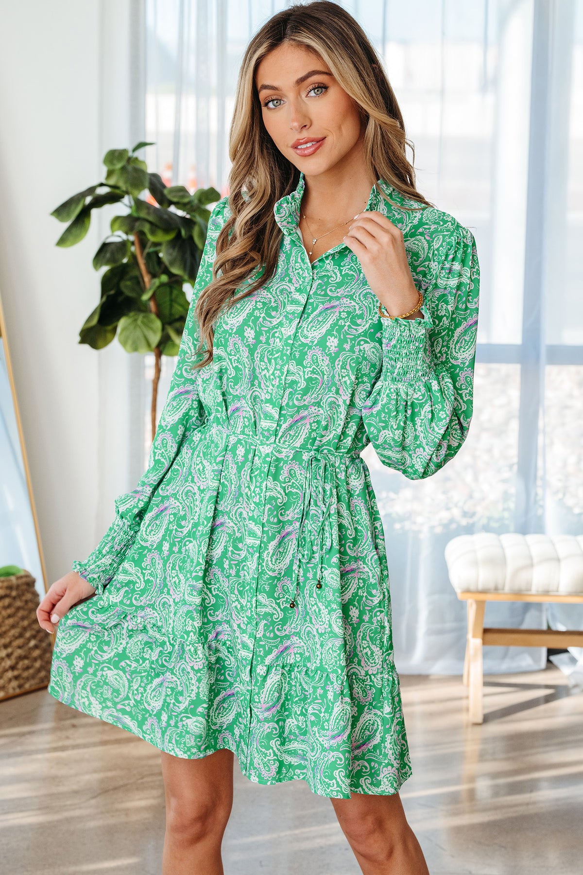 Green Paisley Print Long Sleeve Tied Waist Mini Dress