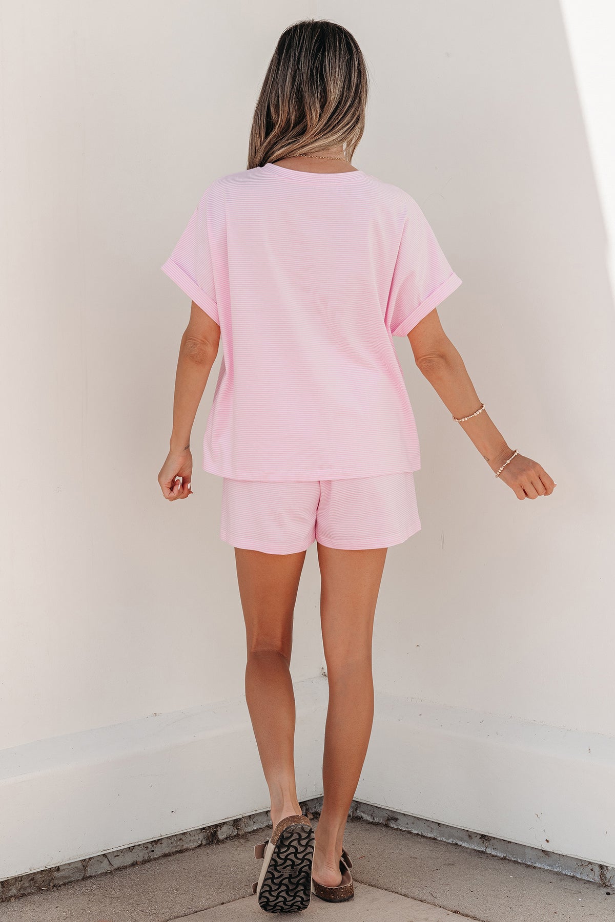 Women's Pink Stripe Matching Oversized Tee and Shorts Set