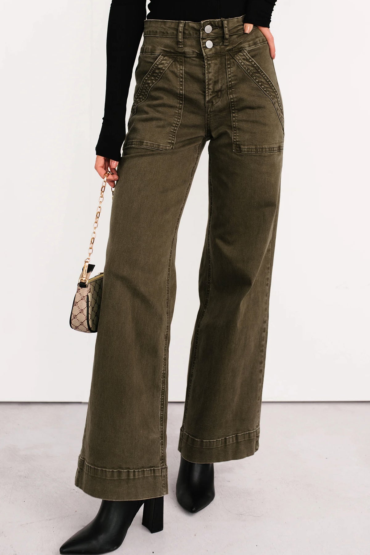 Jungle Green Double Waistband Loose Straight Jeans