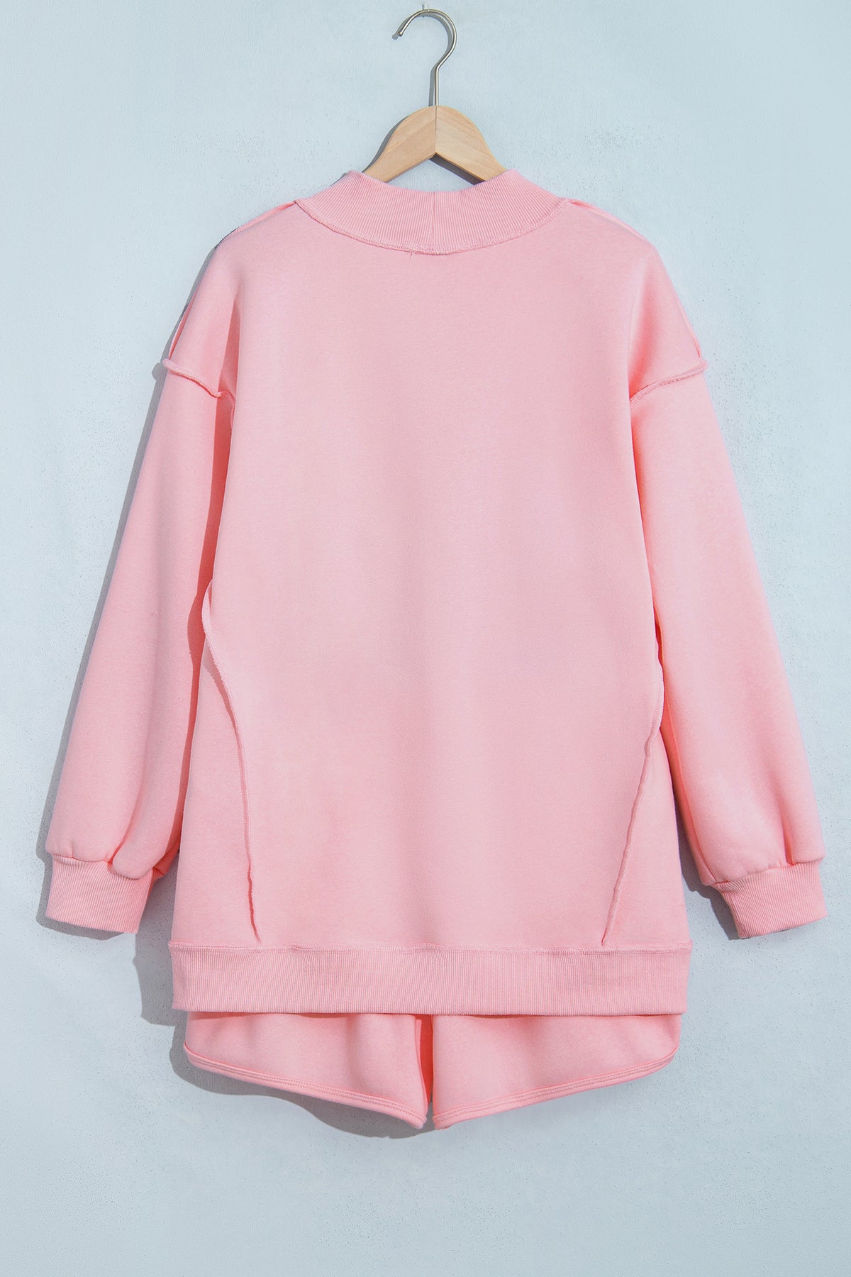 Women's Light Pink High-Neck Exposed Seam Drop Shoulder Baggy Pullover Shorts Set